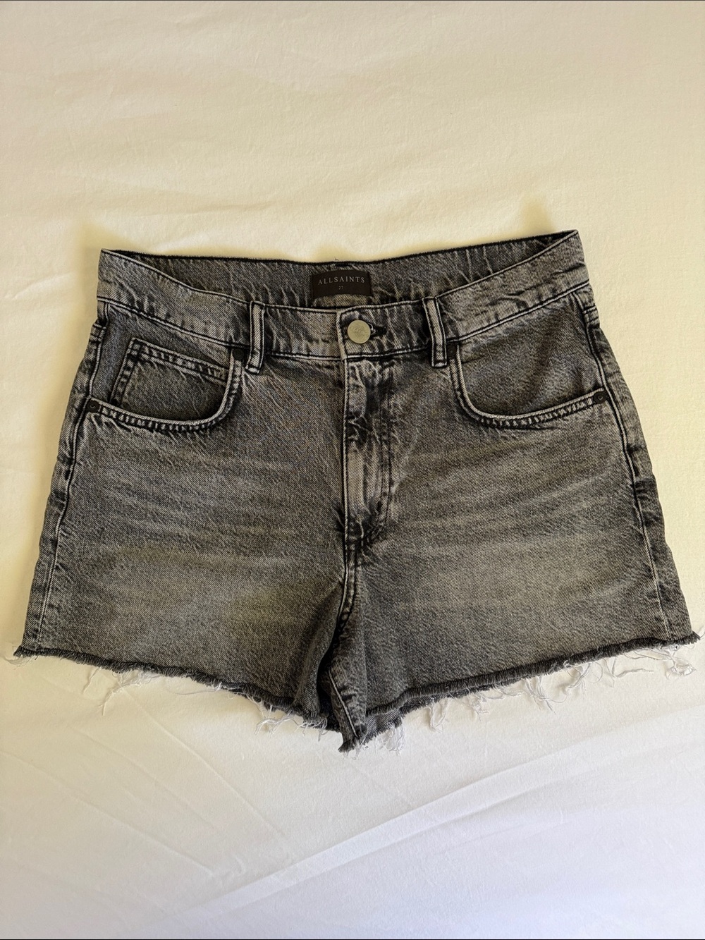 All Saints Women's Grey Frayed Denim Shorts